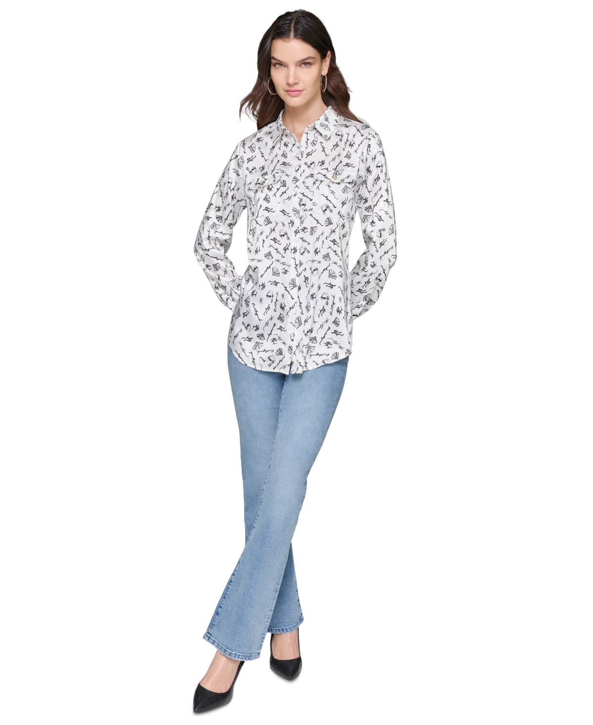 Karl Lagerfeld Paris Women's Printed Utility Button-Down Top, Regular & Petites - White  Black