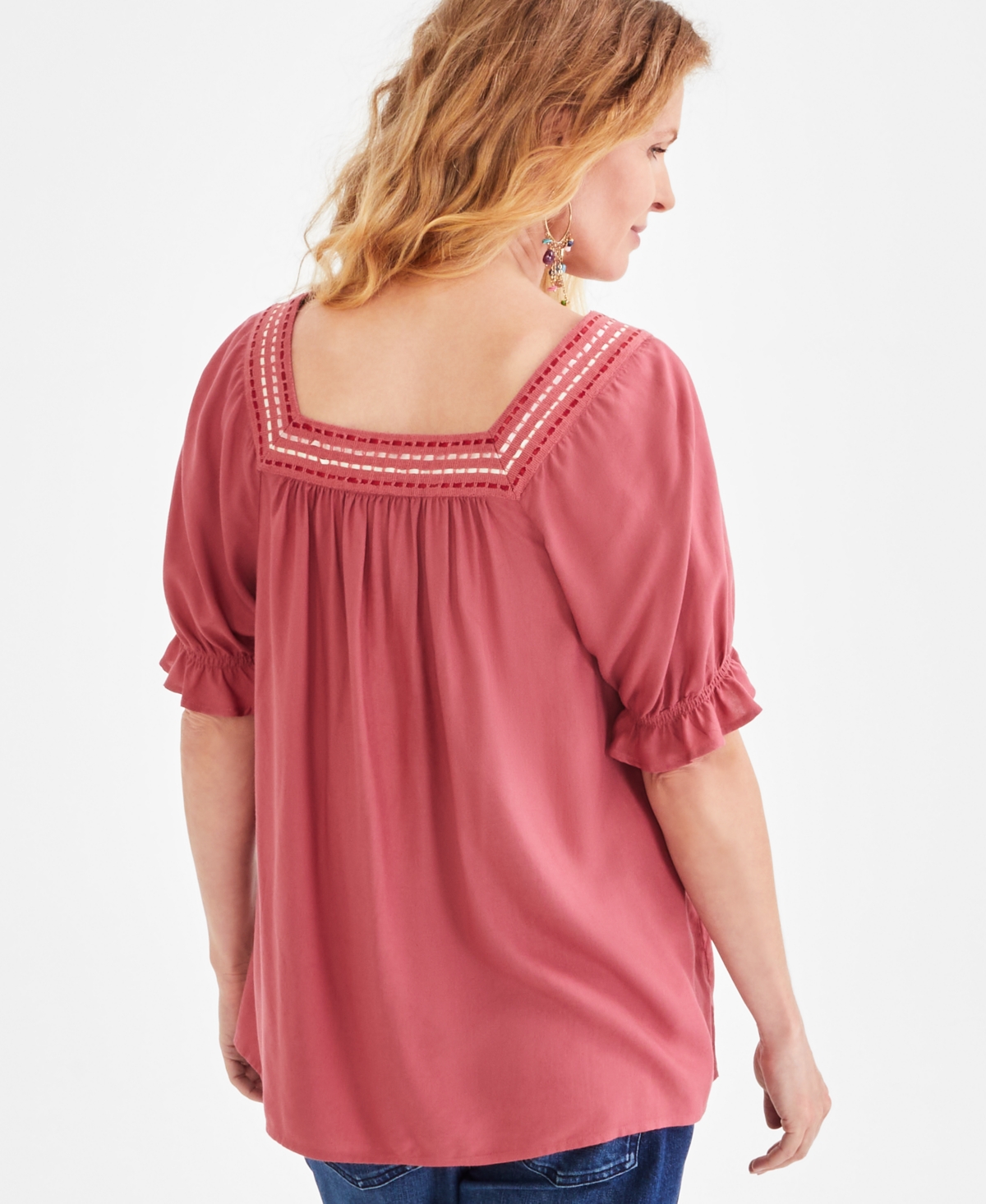 Style & Co Petite Crocheted Square-Neck Ruffled-Cuff Top, Created for Macy's