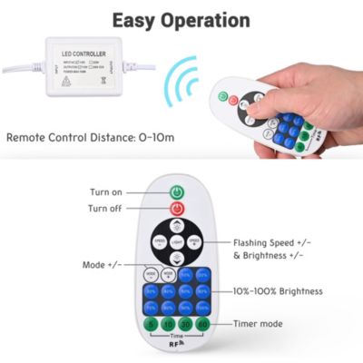 50FT Remote Control AC 110V IP65 Waterproof Cuttable Dimmable Flexible DIY DEL-D50W Warm White Neon Rope Lights