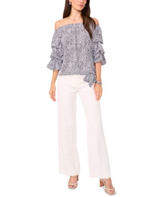 Women's Printed Off-The-Shoulder Bubble 3/4-Sleeve Tie-Front Blouse