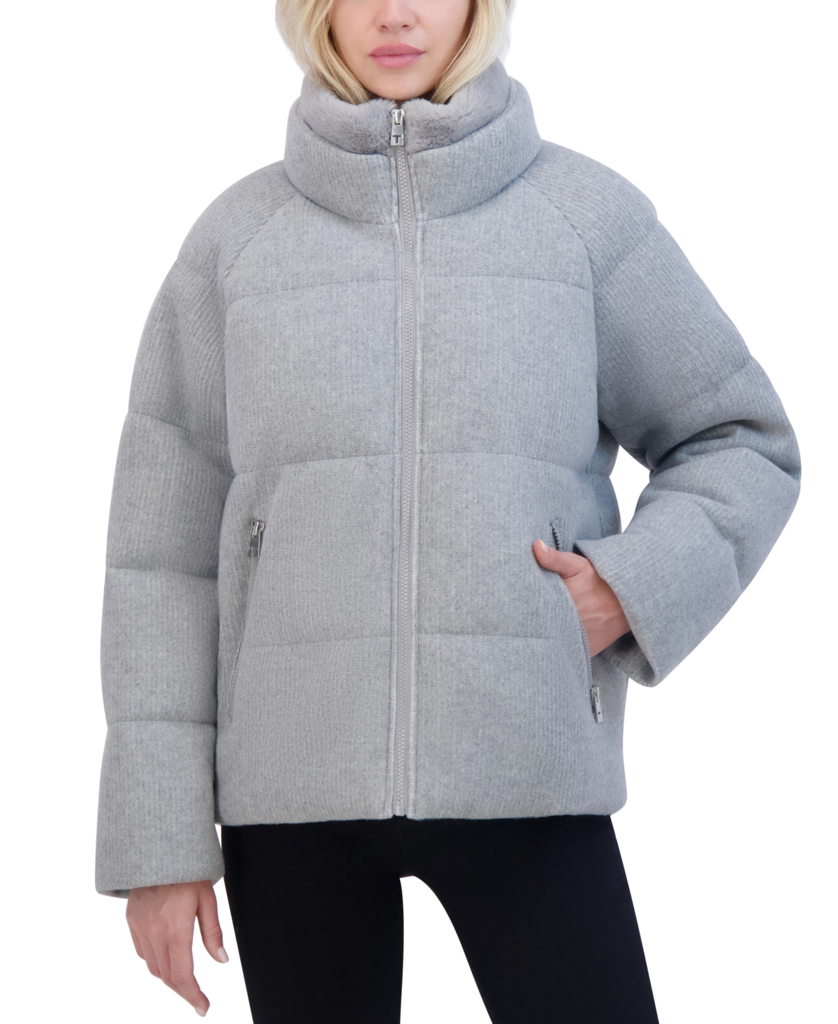 Women's Knit Faux-Fur-Collar Puffer Coat - Camel