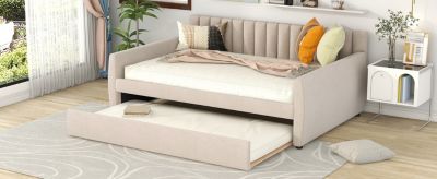 Full Size Upholstered Daybed With Trundle And Wood Slat Support