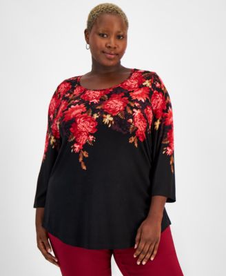 JM Collection - Plus Size Baroque Cascade 3/4-Sleeve Top