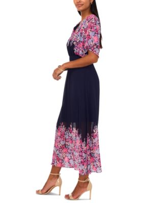 Petite Printed V-Neck Flutter-Sleeve Smocked-Waist Dress