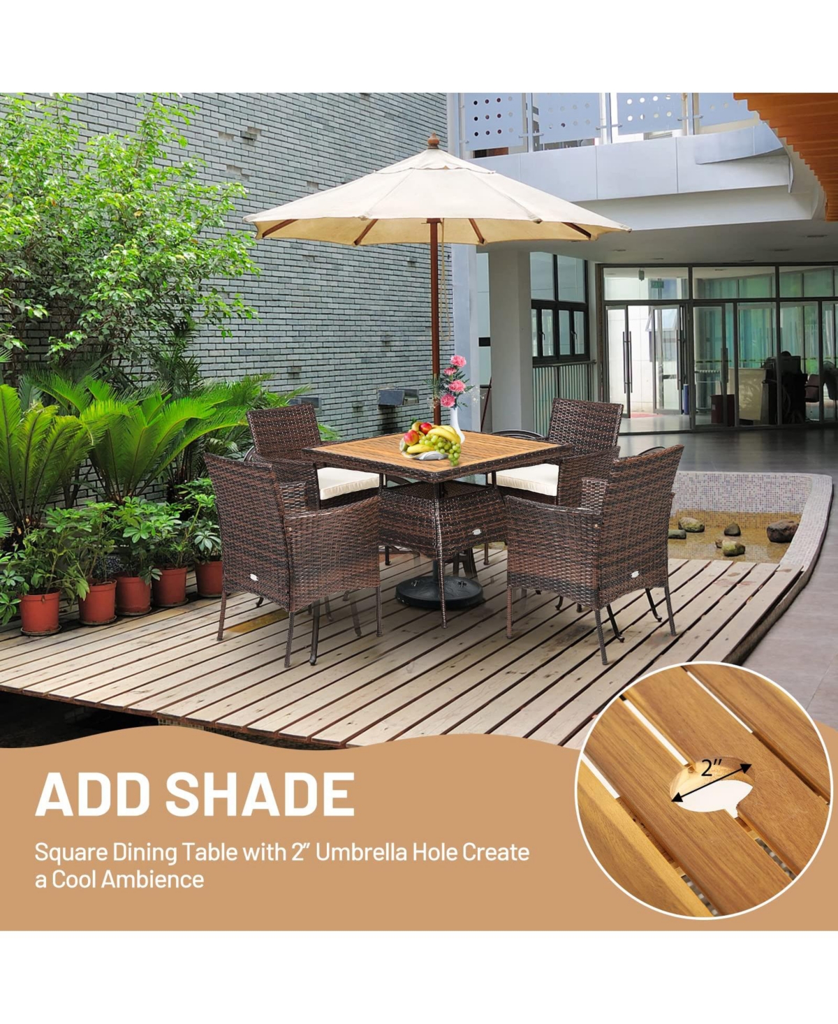 5 Pieces Wicker Patio Dining Set with 4 Armrest Chairs