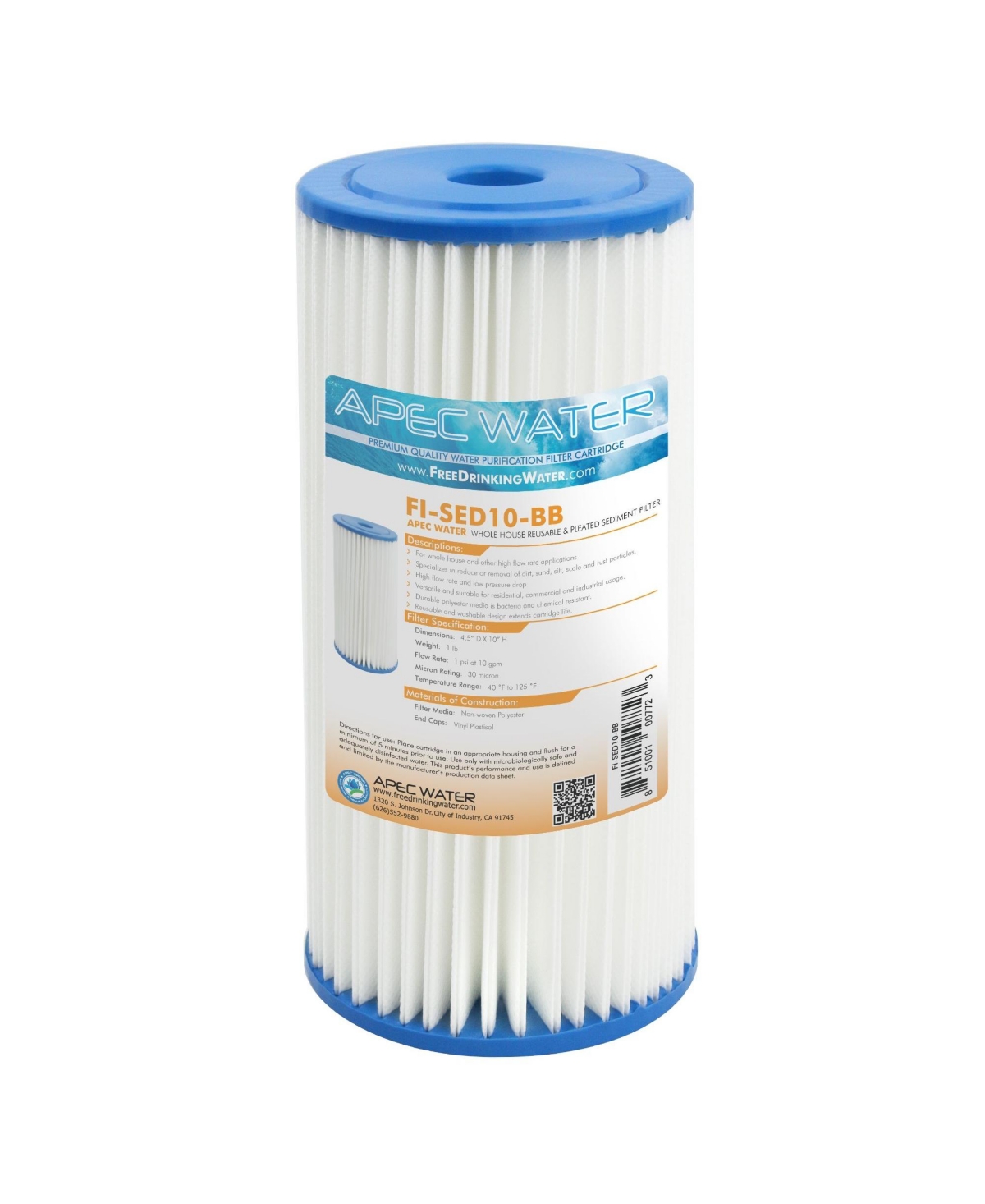 Whole House Reusable & Pleated Sediment Filter 4.5" x 10", 30 Micron - Natural