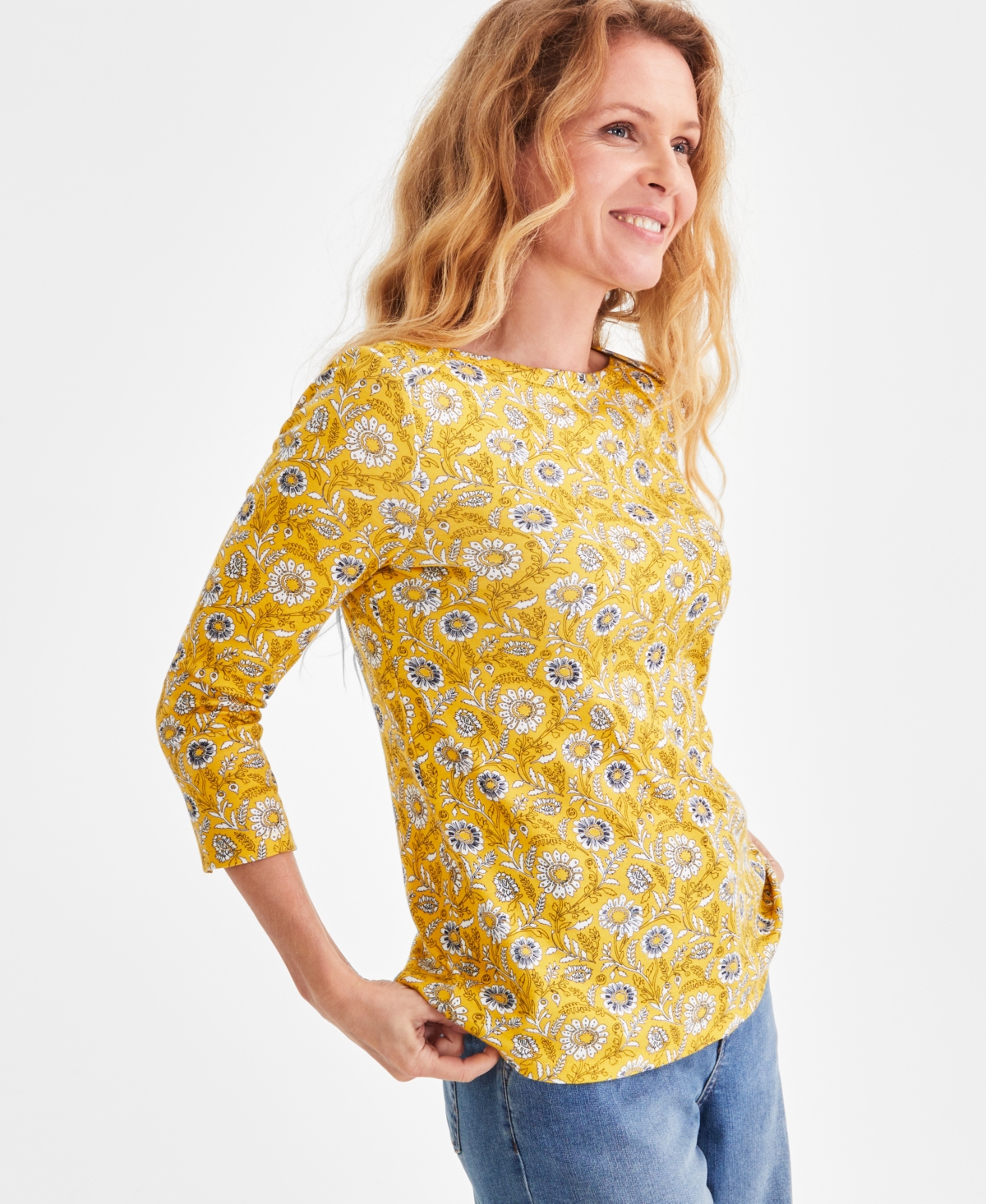 Style & Co Women's Printed Pima Cotton 3/4-Sleeve Top, Created for Macy's