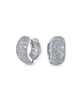 Victorian Style CZ Accent Wide Filigree Flower Huggie Mini Hoop Earrings Rose Gold Plated