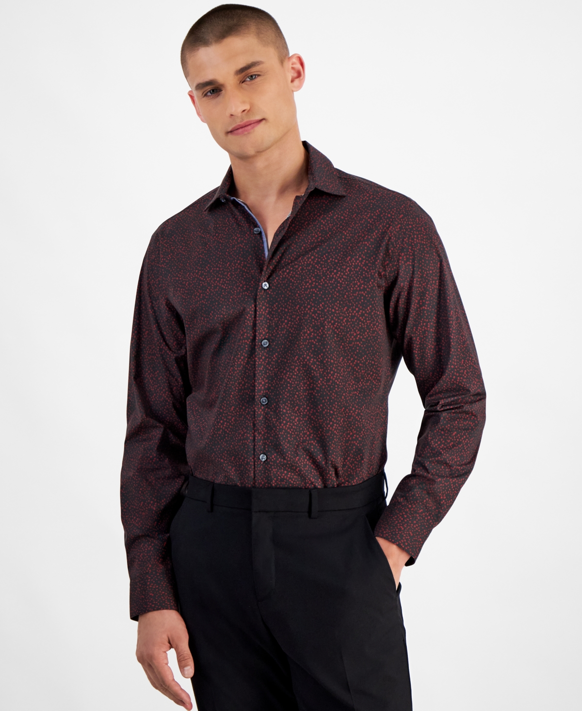 Bar Iii Men's Slim-fit Terry Floral Dress Shirt, Created For Macy's In Black Red
