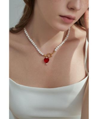 Freshwater Pearl Necklace with Red Heart Charm & 18K Plated Clasp