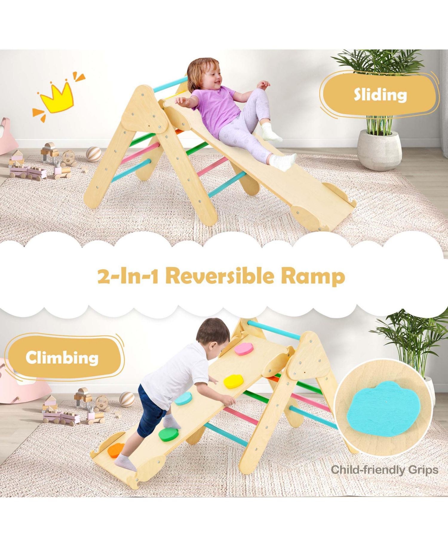 3-in-1 Wooden Climber with Triangle, Arch, and Ramp, 3-Piece Set
