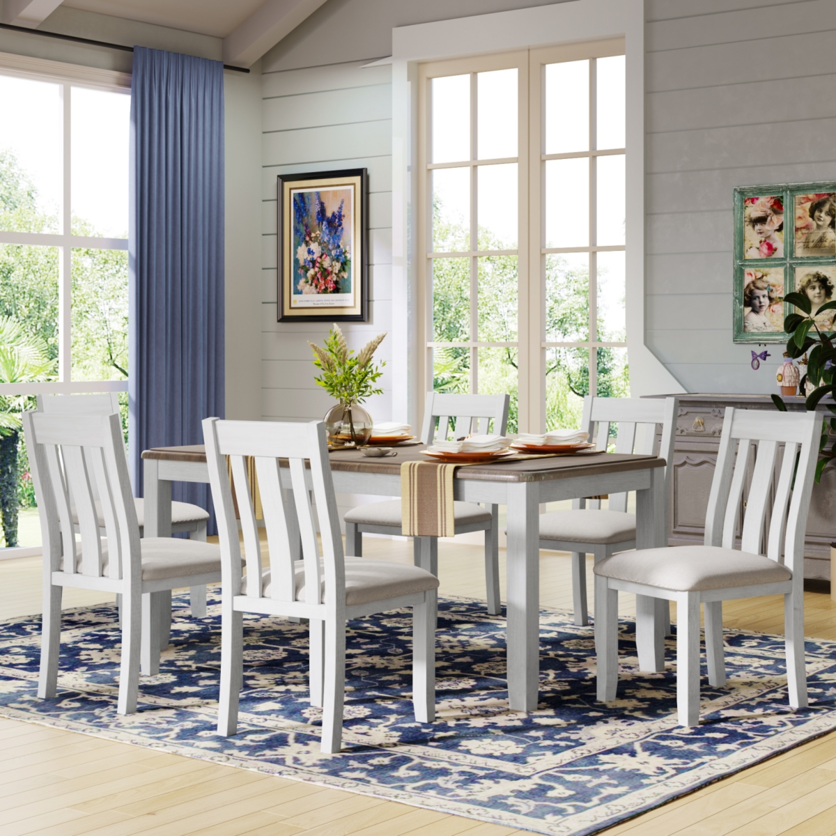 Simplie Fun Retro Style 7-Piece Dining Table Set With Extendable Table And 6 Upholstered Chairs