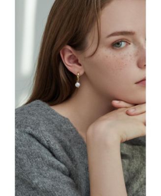 Gold Plated Freshwater Pearl Drop Hoop Earrings