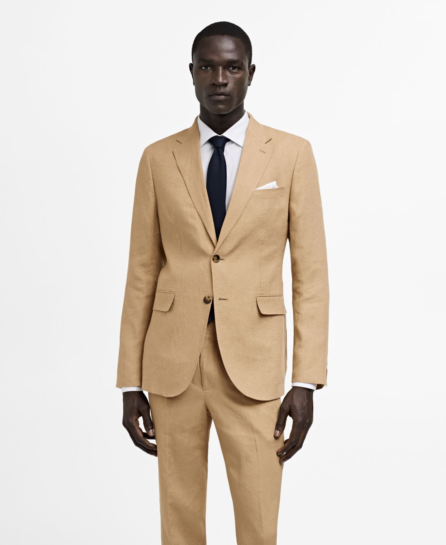 Мужской пиджак MANGO Linen Slim-Fit Suit Blazer, цвет: Средний коричневый — фото 1