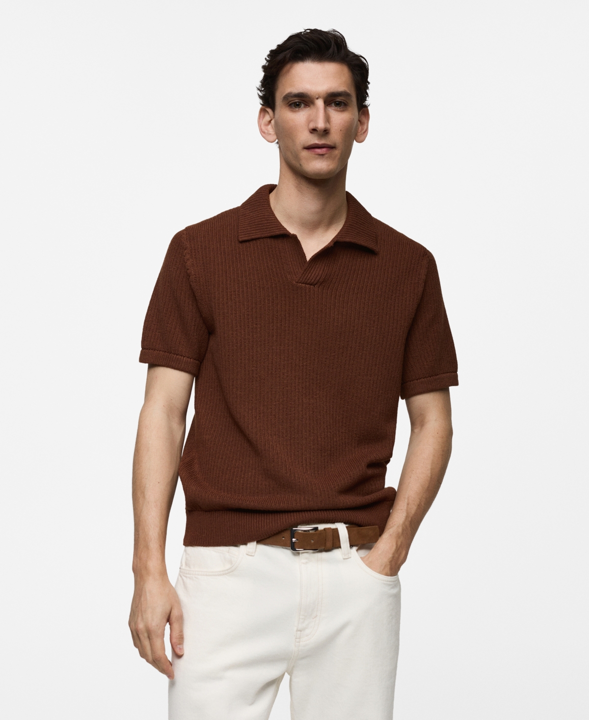 Men's Ribbed Knit Polo Shirt - Brown