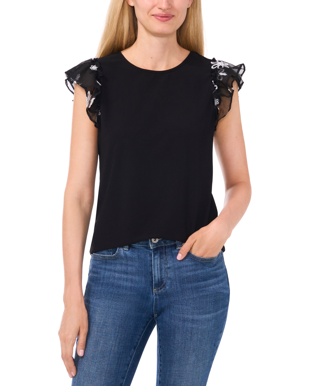 Women's Mixed-Media Double-Ruffle Flutter-Sleeve Knit Top - Rich Black