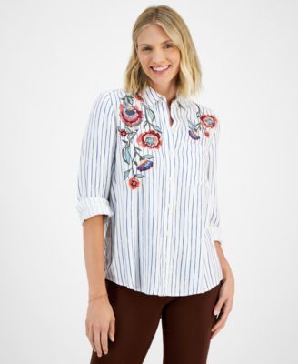 Style & Co Women's Striped Floral-Embroidered Shirt, Created