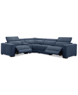 Nevio 5-Pc. Fabric Power Headrest L-Shape Sectional and Console with 2 Power Motion Chairs