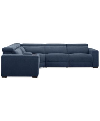 Nevio 5-Pc. Fabric Power Headrest L-Shape Sectional and Console with 3 Power Motion Chairs