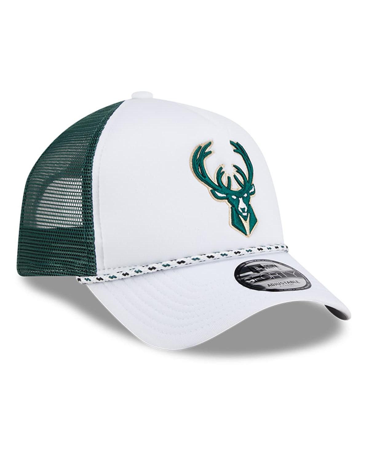 New Era Men's White/hunter Green Milwaukee Bucks Court Sport Foam A-frame 9forty Adjustable Trucker Hat In White,hunter Green