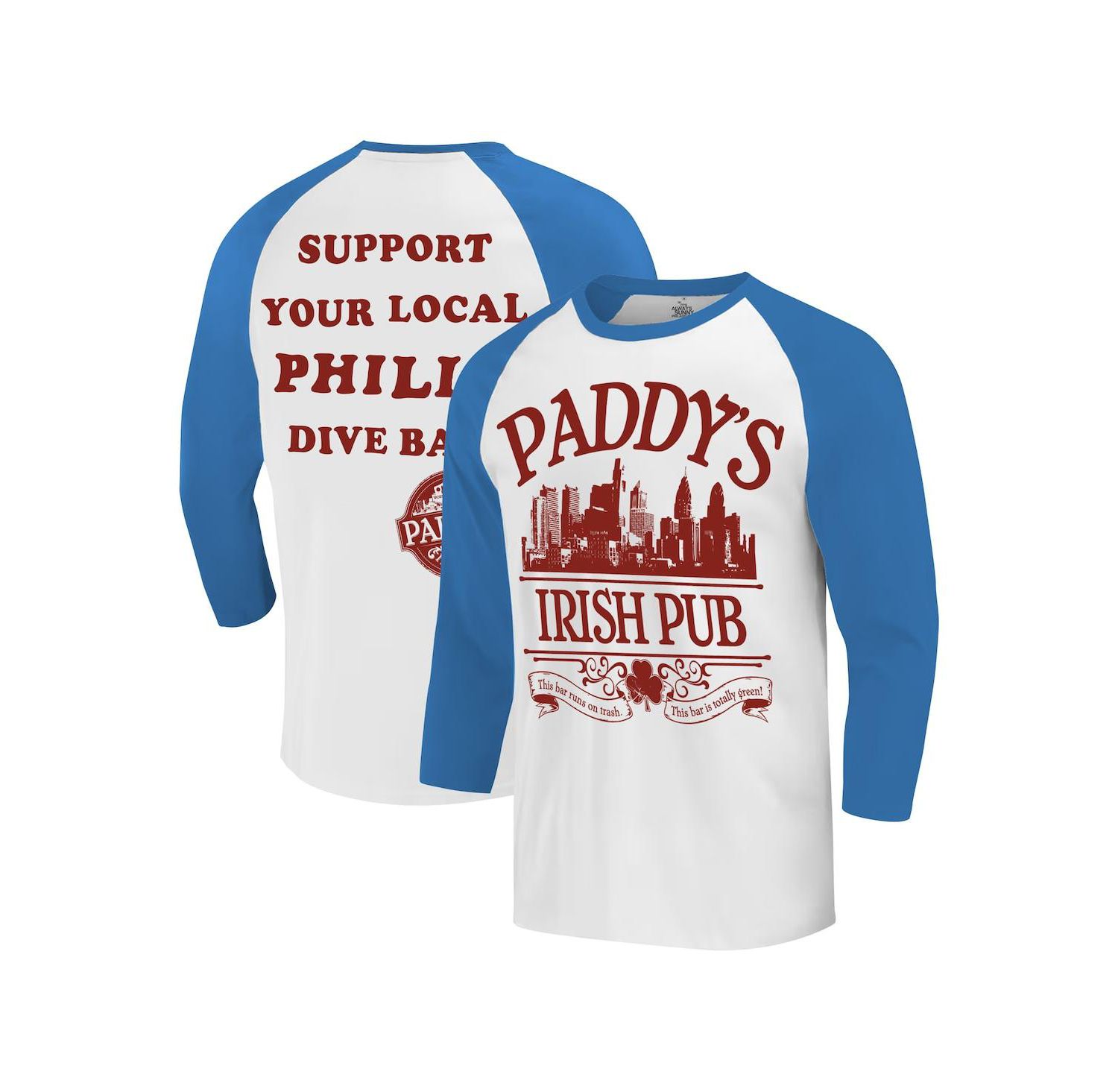 Men's White/Royal It's Always Sunny in Philadelphia Philly Dive Bar Raglan T-Shirt