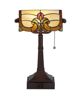 Traditional Piano Banker Desk Table Lamp 17" High with AC Power Outlet Bronze Floral Art Glass Bedroom Office