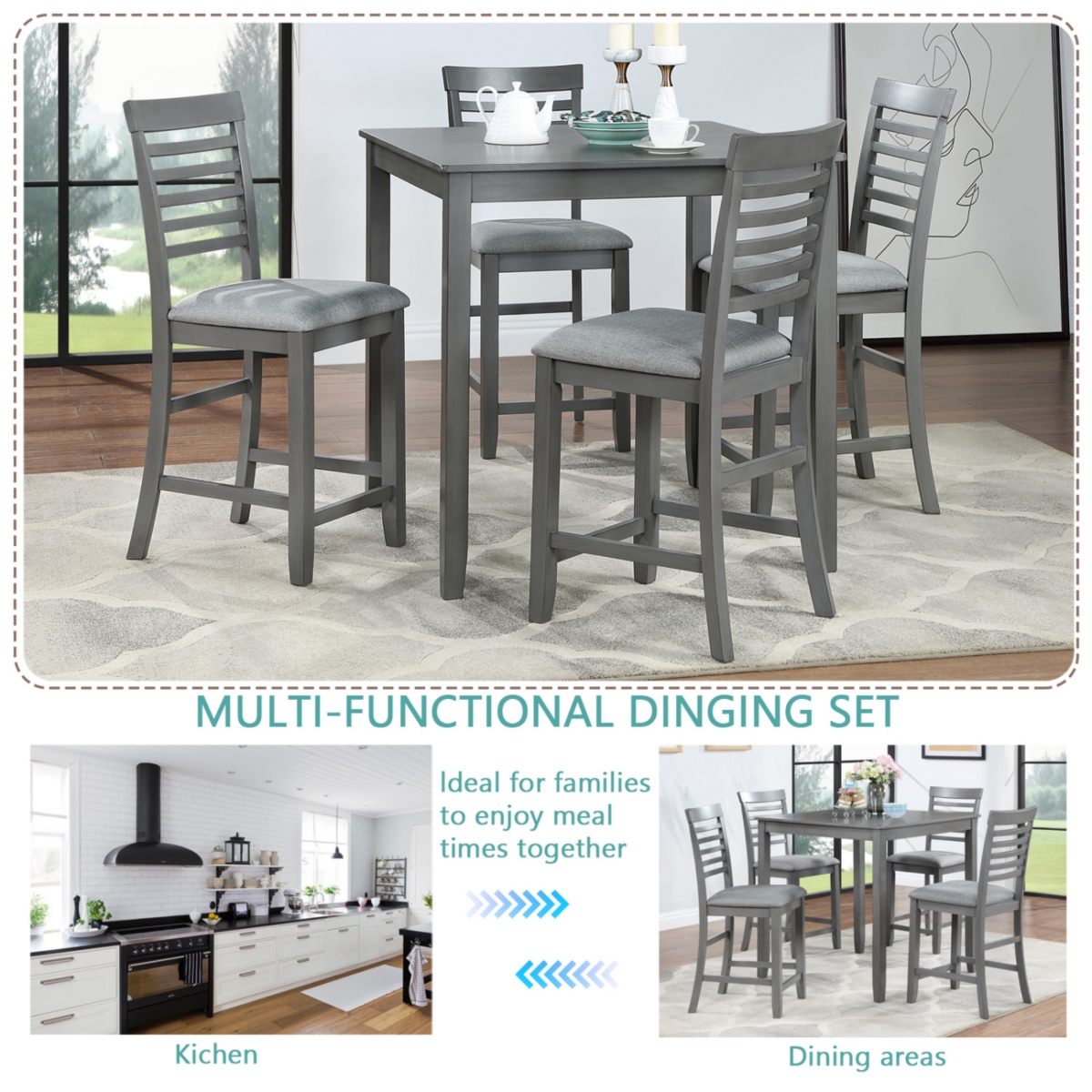 Simplie Fun Elegant 5-Pc Solid Wood Counter Height Dining Table Set (Gray)