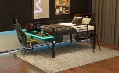 Gaming mid loft bed with desk, LED, Full.