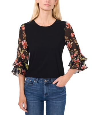 CeCe - Women's 3/4-Sleeve Mixed-Media Crewneck Knit Top