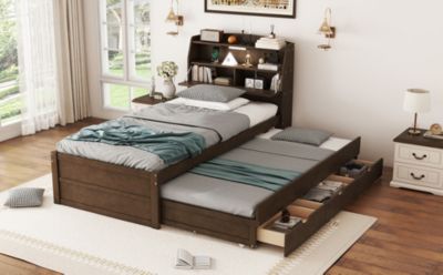 Twin Wooden LED Platform Bed with Storage & Trundle