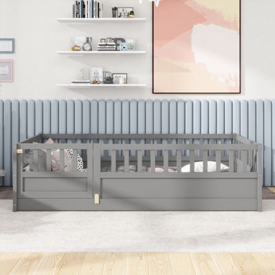 Streamdale Twin Floor Bed with Barrier and Door, Montessori Wooden Frame in Grey