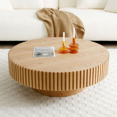 Streamdale Modern Round Wood Coffee Table with Handcrafted Relief (31.49)
