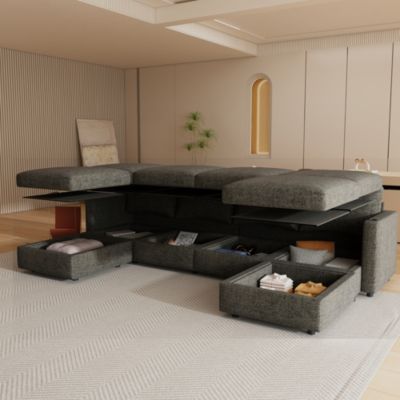 Streamdale 6-Piece Chenille & Wood Sectional Sofa – Modular Design, Storage Seats, Ottoman Options, U-Shaped Sleeper Sofa