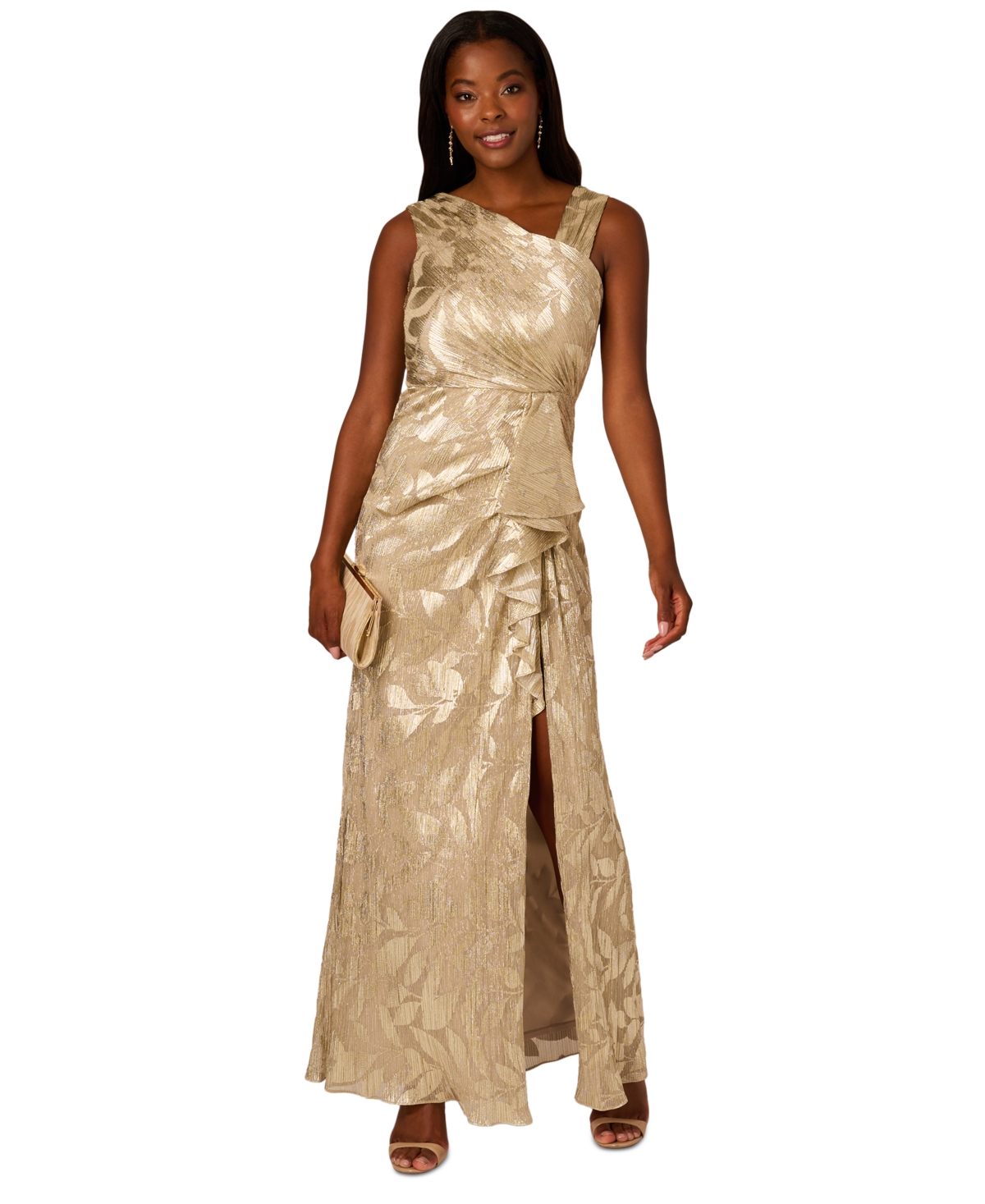 Adrianna Papell Women s Asymmetric Metallic Print Mermaid Gown Champagne Gold Smart Closet
