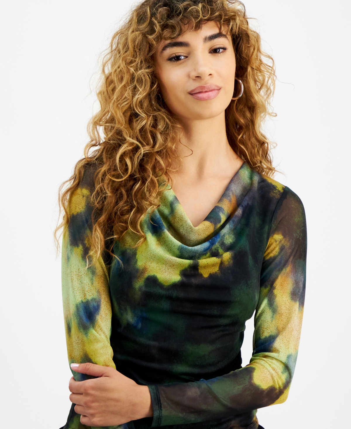 Bar Iii Women's Printed Mesh Cowlneck Long-Sleeve Top, Created for Macy's