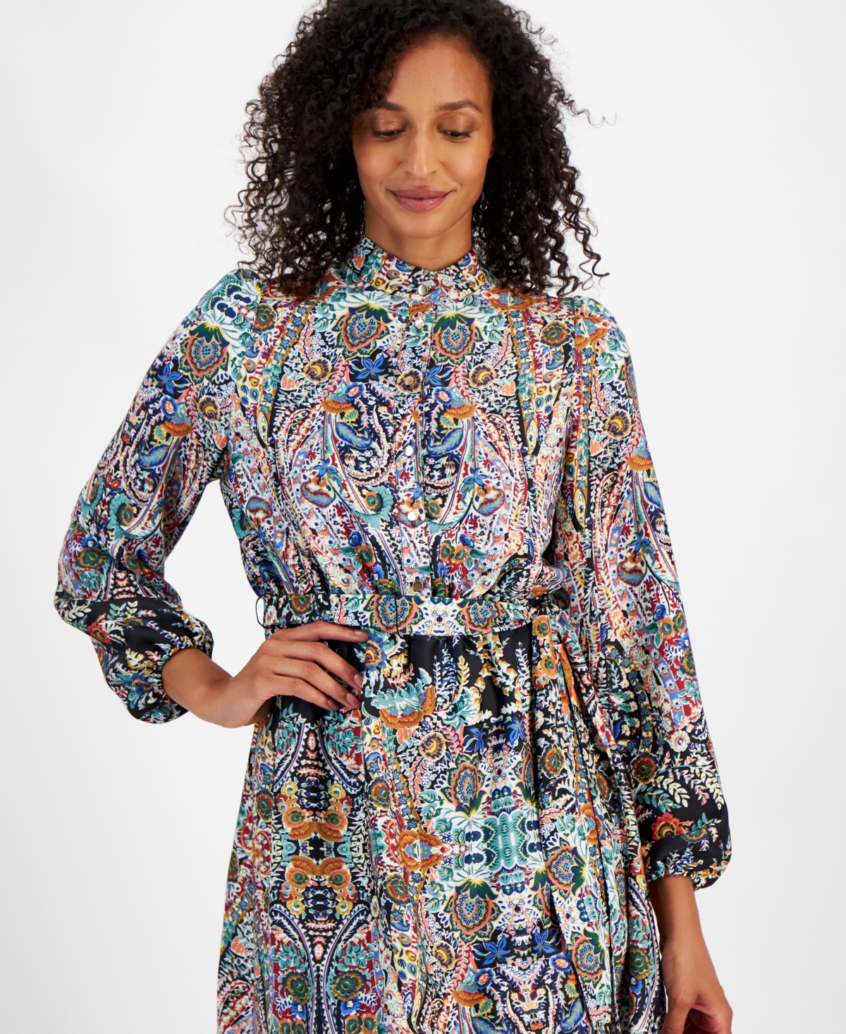 T Tahari Women s Printed Satin Long Sleeve Midi Dress Royal Garden Smart Closet