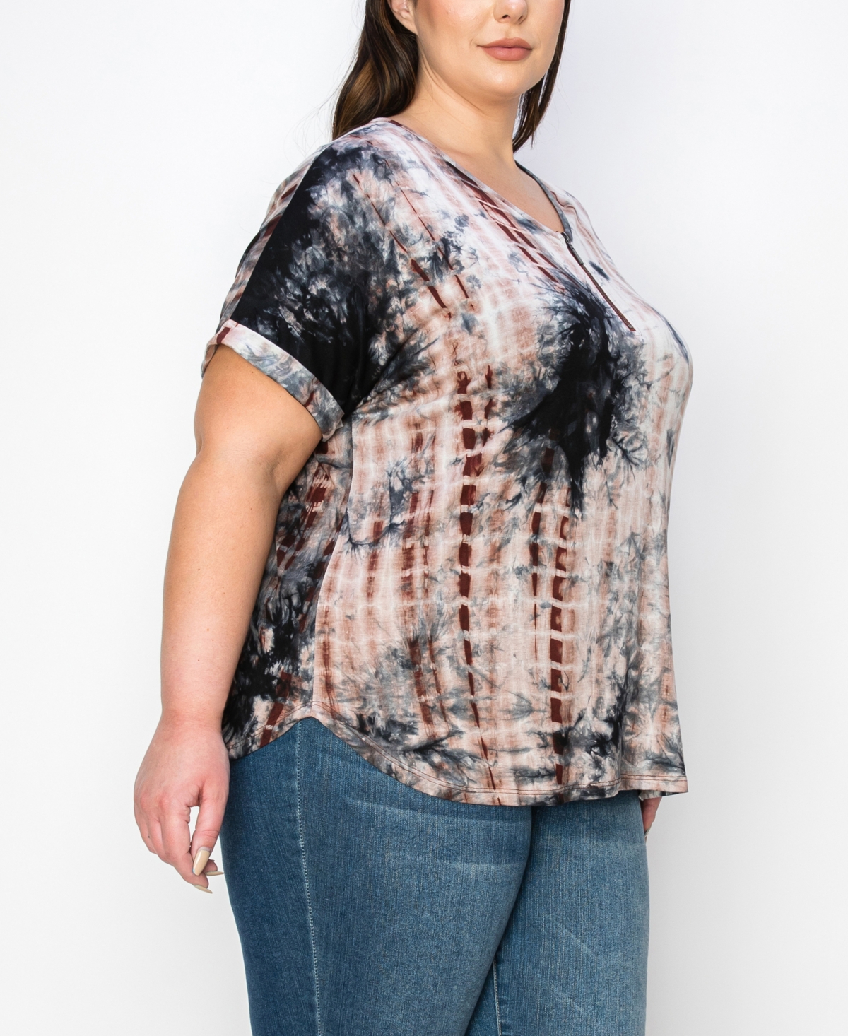 Coin 1804 Plus Size Tie Dye V-Neck Dolman Roll Sleeve Top -Rust