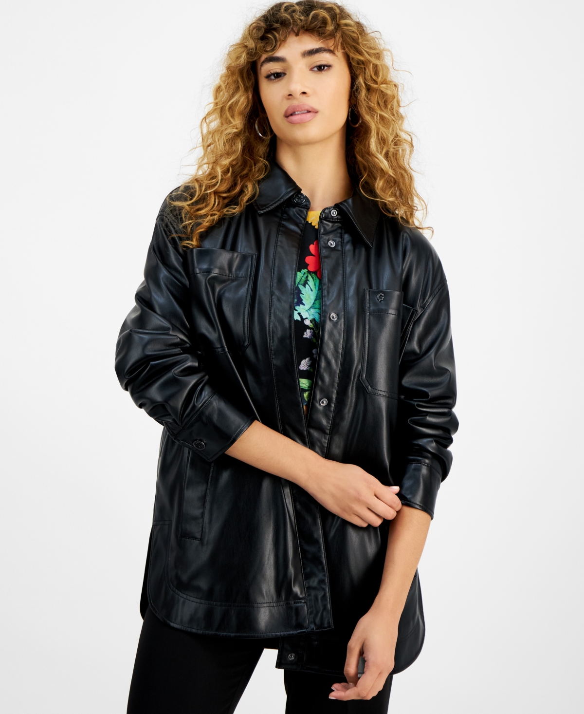 Guess Women's Mareva Faux-leather Long-sleeve Shacket In Black