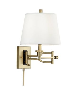 Eleganta Swing Arm Wall Lamp with Cord Cover Brushed Satin Brass Plug-in Light Fixture White Linen Empire Shade for Bedroom Living Room