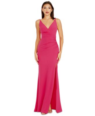 Dress the Population - Women's V-Neck Asymmetrical Ruched Bodycon Maxi Dress
