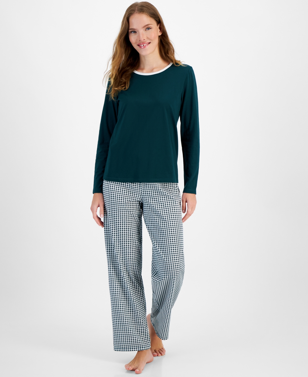 Women's 2-Pc. Long-Sleeve Pajamas Set, Created for Macy's - Gingham Check Green
