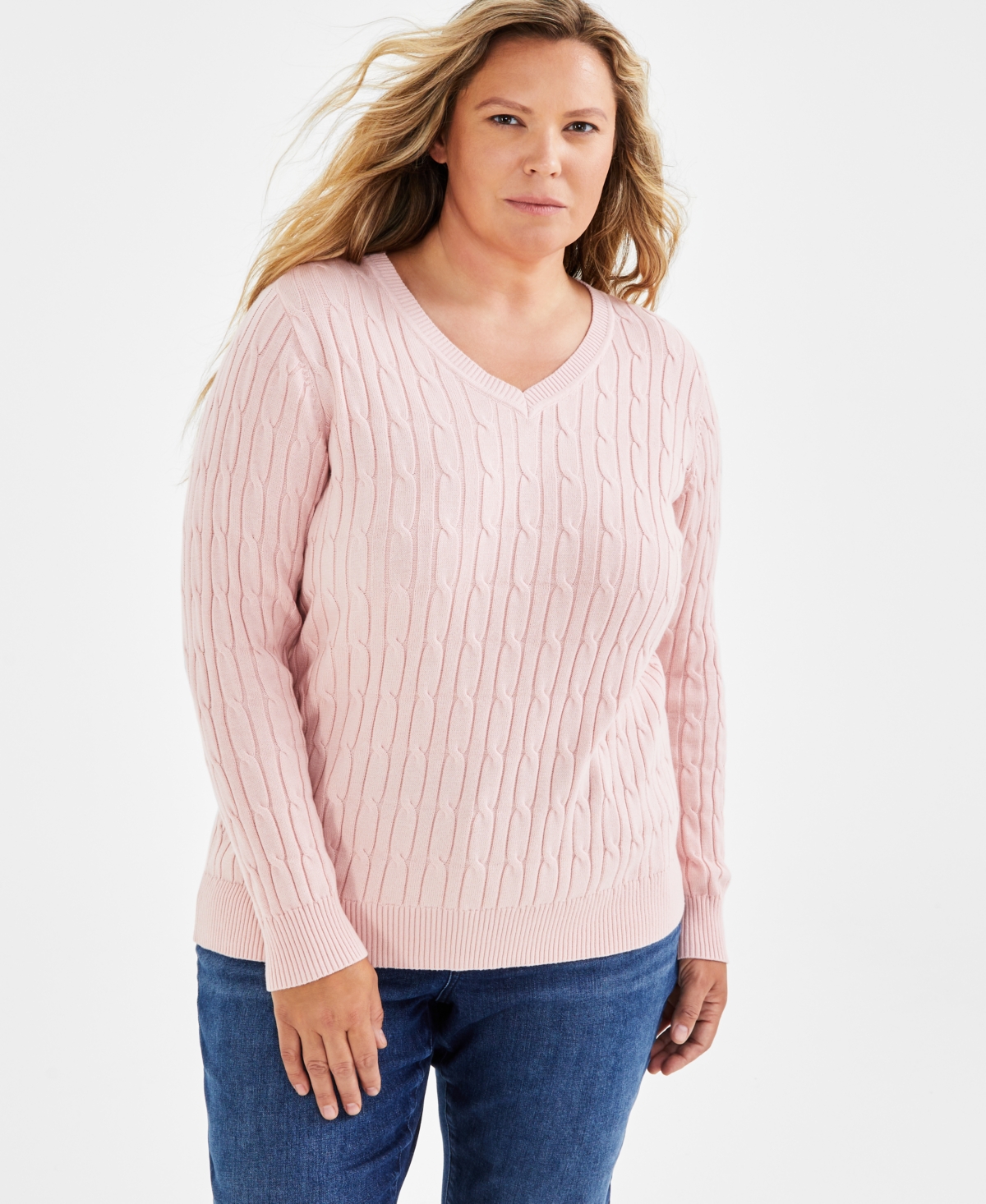 Style & Co Plus Size Cotton Cable-Knit V-Neck Sweater, Created for Macy's