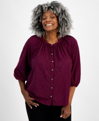 Style & Co - Plus Size Cotton Embroidered-Florals 3/4-Sleeve Top