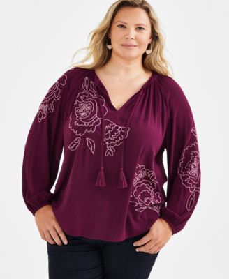 Style & Co - Plus Size Floral-Embroidered Popover Blouse