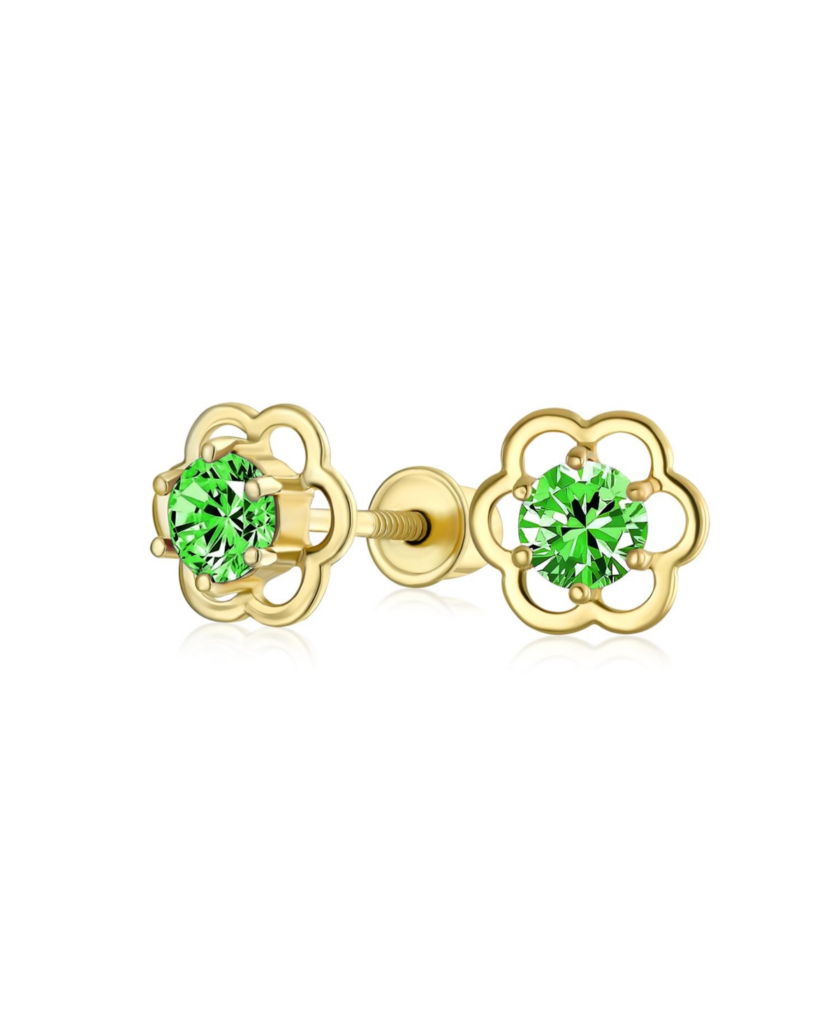 Minimalist Tiny Cubic Zirconia Cz Center Open Flower Stud Earrings 14K Real Gold Screw back - Green