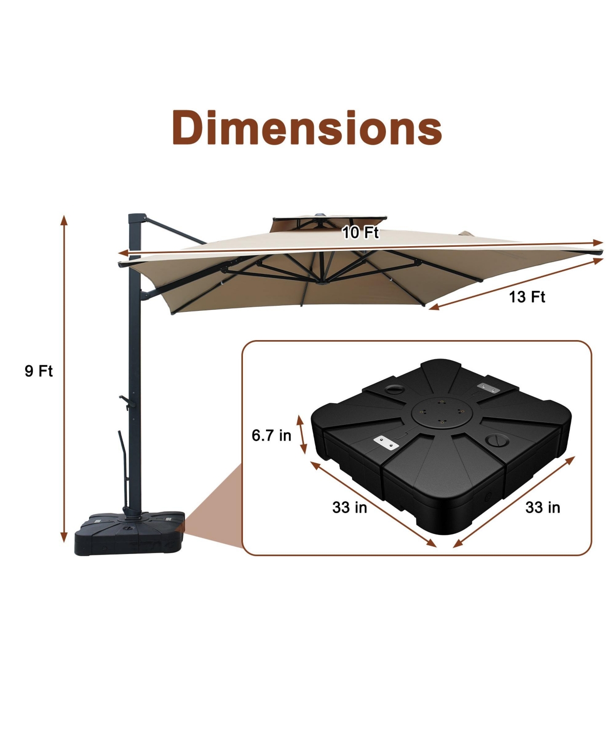 Mondawe Patio Double Top Bright Umbrella Removable Led With Base Stand Included, Grey -khaki