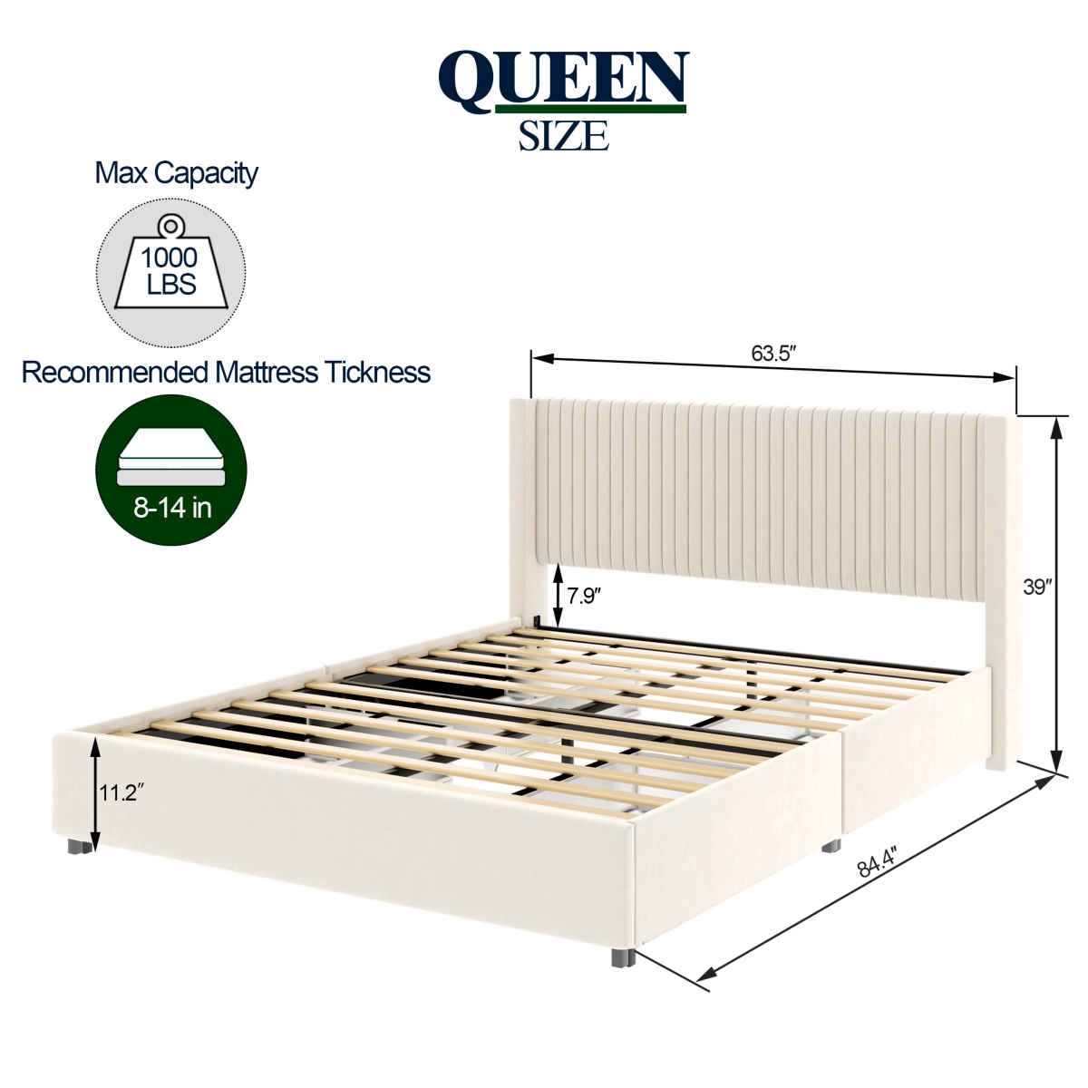 Streamdale Furniture Anna Queen SizeVelvet Upholstered Wingback Platform Bed with Patented 4 Drawers Storage, Modern Design Headboard with Tigh