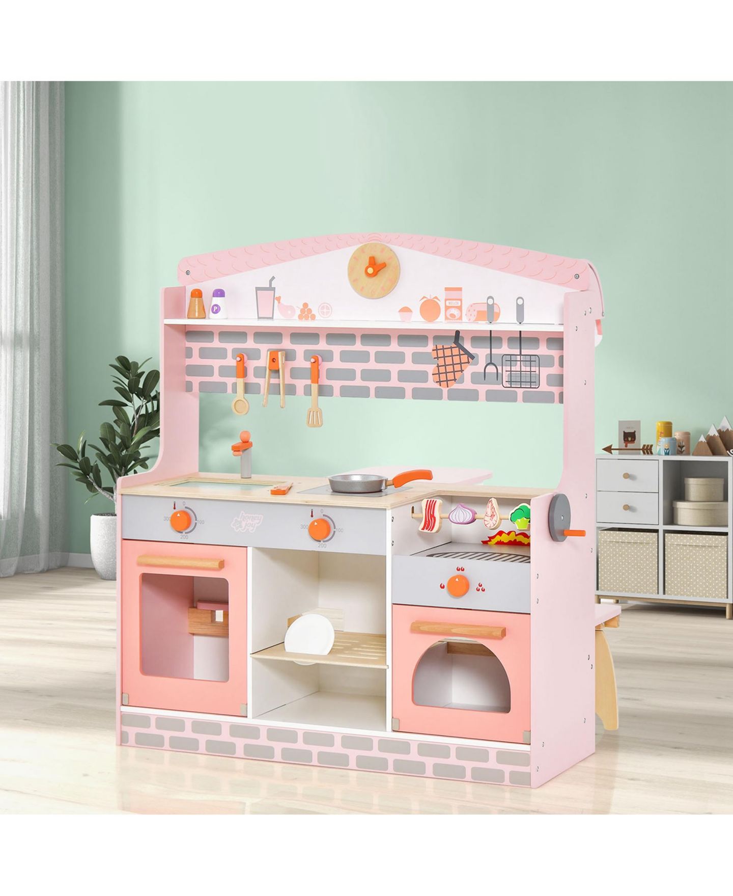 Детский игровой набор Costway 2-in-1 Play Kitchen & Restaurant Playset with Canopy, Ages 3+, цвет: Розовый — фото 2