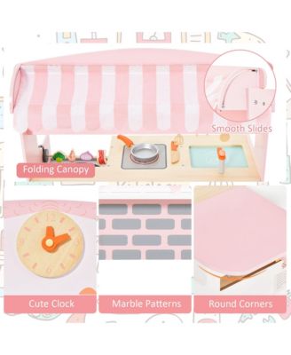 2 in 1 Kids Play Kitchen & Restaurant Double-Sided Pretend Playset with Canopy