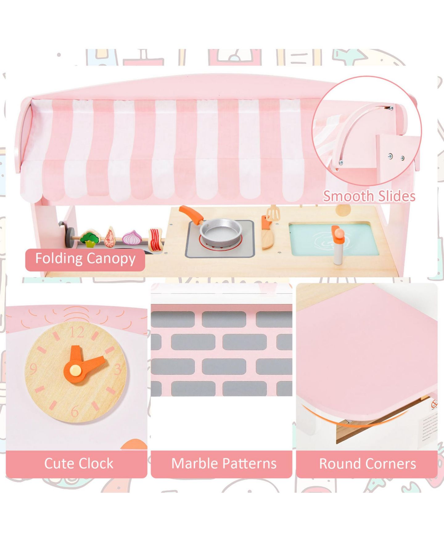 Детский игровой набор Costway 2-in-1 Play Kitchen & Restaurant Playset with Canopy, Ages 3+, цвет: Розовый — фото 9
